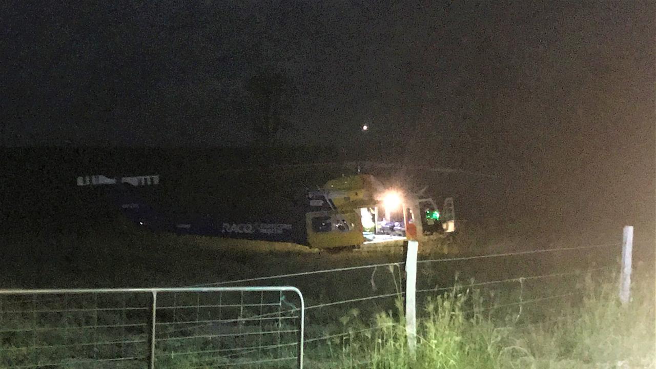 The RACQ Capricorn Helicopter Rescue Service was tasked to Gindoran, west of Lowmead, on Saturday at 8.33pm, after a man in his 50s fell from his horse while mustering cattle and suffered a suspected broken shoulder and spinal injuries.