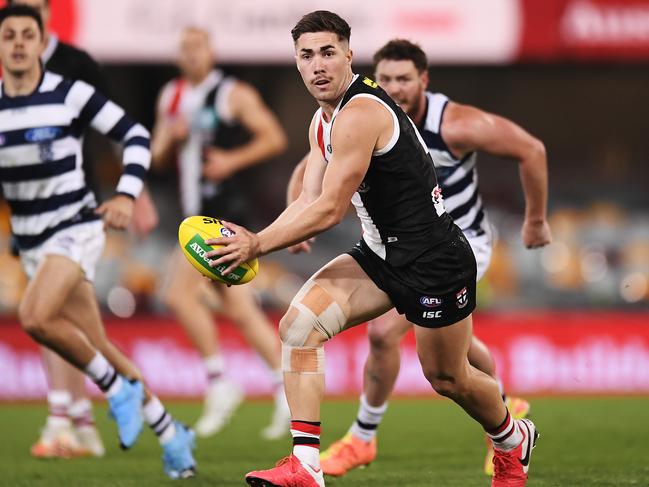 BRISBANE, AUSTRALIA - AUGUST 10: Jade Gresham of the Saints in action during the round 11 AFL match between the St Kilda Saints and the Geelong Cats at The Gabba on August 10, 2020 in Brisbane, Australia. (Photo by Albert Perez/Getty Images)