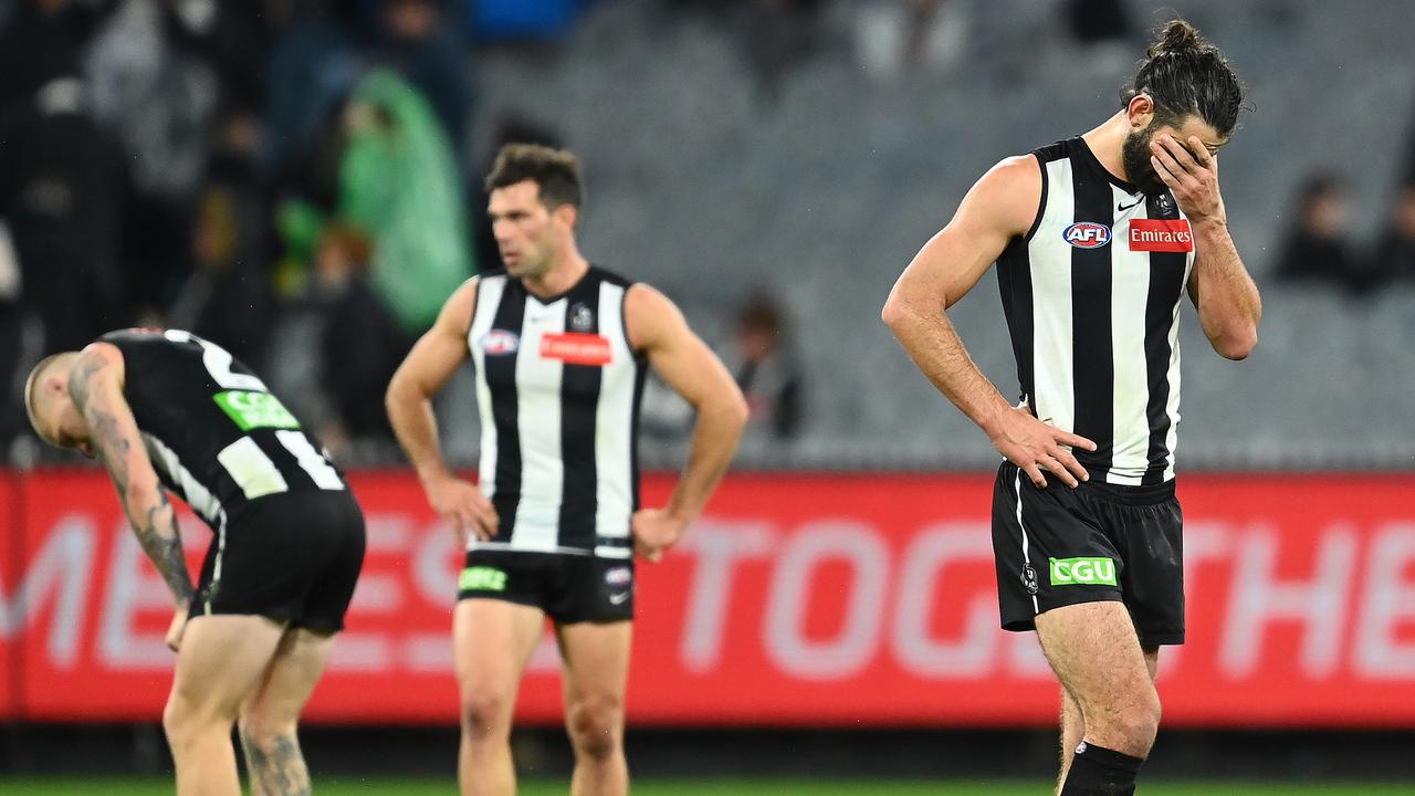 Brodie Grundy (right) was beaten by veteran Shane Mumford on Saturday night. Picture: Quinn Rooney/Getty Images