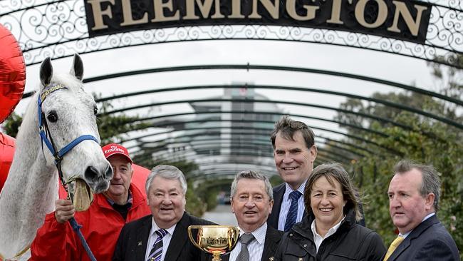 Subzero and handler Graham Salisbury, Roy Higgins, John Letts, Des Gleeson, Sheila Laxon and Michael Clarke at the launch of last year's Melbourne Cup tour at Flemington racecourse. 