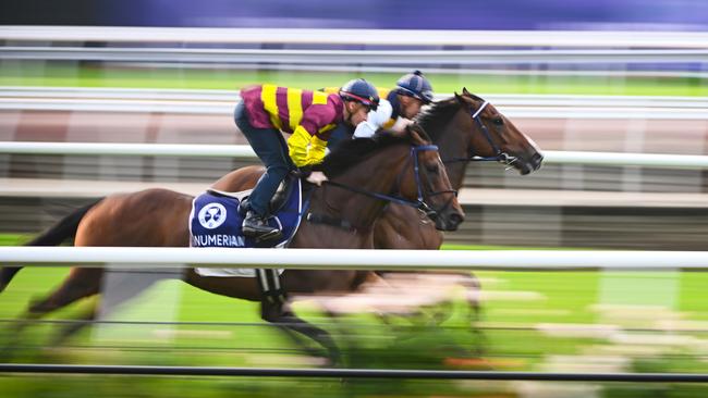 James McDonald riding Numerian and Raphael Marchelli riding Regal Lion during the Breakfast With The Stars at Flemington Racecourse. Picture: Vince Caligiuri–Getty Images