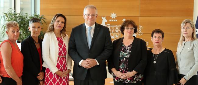 Prime Minister Scott Morrison holds a meeting with the six mothers who told of the horrendous treatment of their veteran sons. L-R: Jan Hewitt, Karen Bird, Nikki Jamieson, Scott Morrison, Colleen Pillen, Glenda Weston and Julie-Ann Finney meet with Prime Minister Scott Morrison on Wednesday<s1/> <s1>. Picture: Adam Taylor</s1>