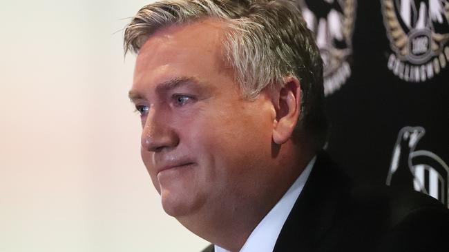 Collingwood President Eddie McGuire tears up as he annouces he’s leaving Collingwood. Picture: Alex Coppel.