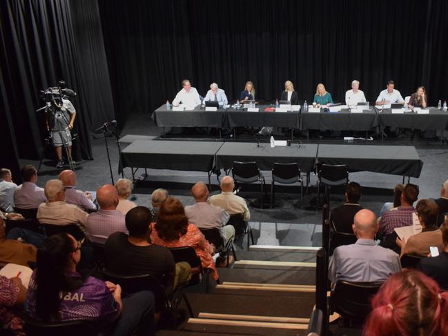 The panel and crowd at the Rockhampton hearing of the Youth Justice Reform Select Committee.