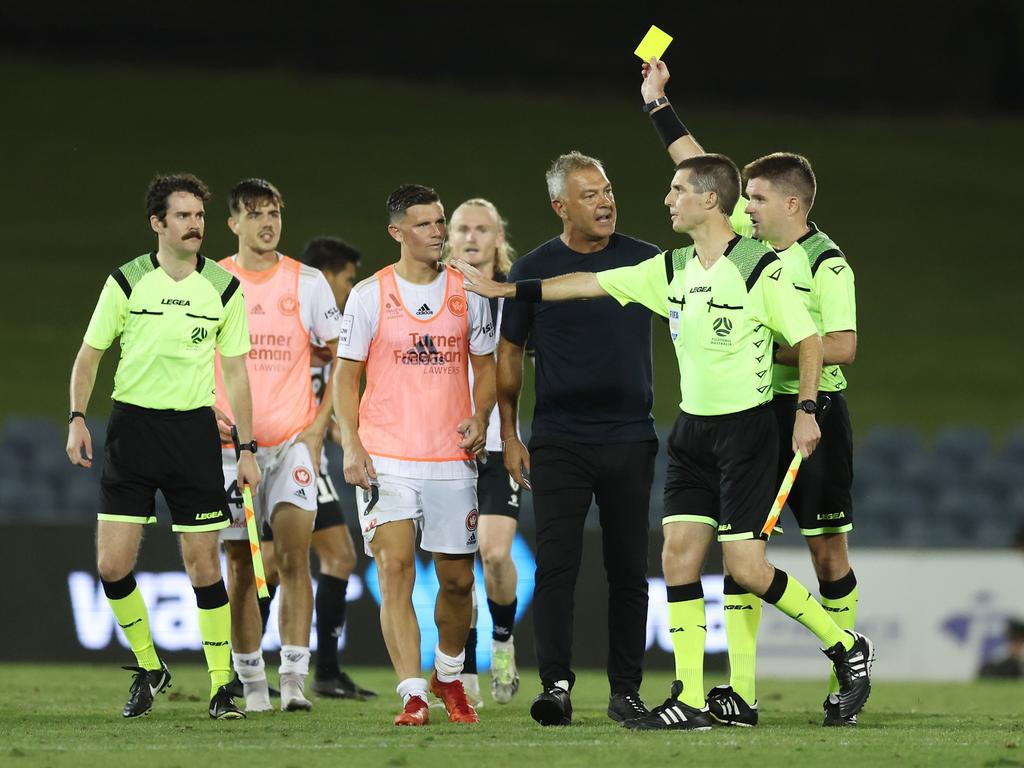 Mark Rudan has a word to the referees earlier this month. Picture: Mark Metcalfe/Getty Images