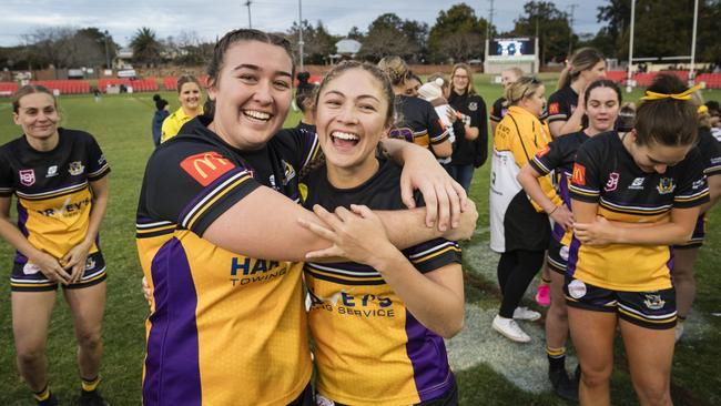 Gatton players Ashlea Nolan (left) and Natalia Webb celebrate. Picture: Kevin Farmer.