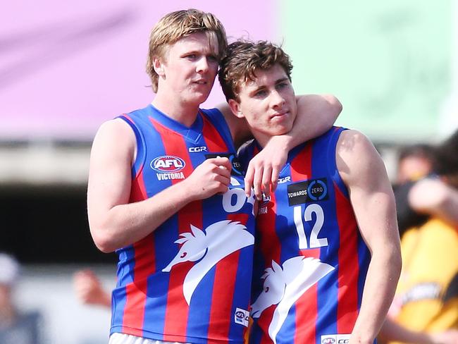 James Jordon (left) with Noah Answerth after the TAC Cup grand final. Picture: Michael Dodge/AFL Media