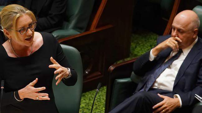 MELBOURNE AUSTRALIA - NewsWire Photos OCTOBER 4, 2023: Victorian Premier Jacinta Allan and Victorian Treasurer Tim Pallas are seen during Question Time in the Victorian Legislative Assembly at the Parliament of Victoria in MelbournePicture: NCA NewsWire / Luis Enrique Ascui