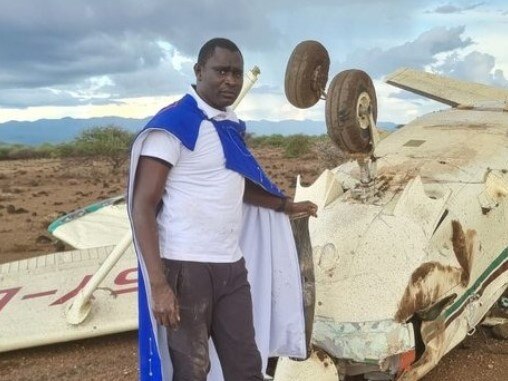 David Rudisha with the wreckage of the plane. Photo: Twitter