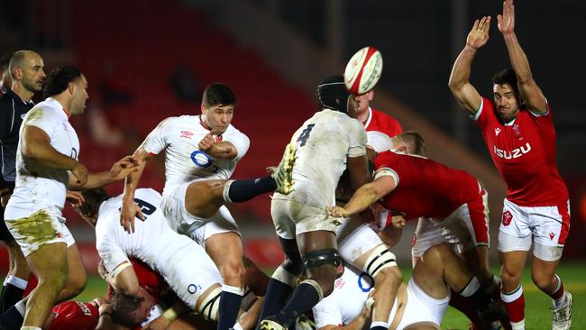 England halfback Ben Youngs kicks the ball clear under pressure from Wales at Parc y Scarlets in Llanelli. Picture: Getty Images