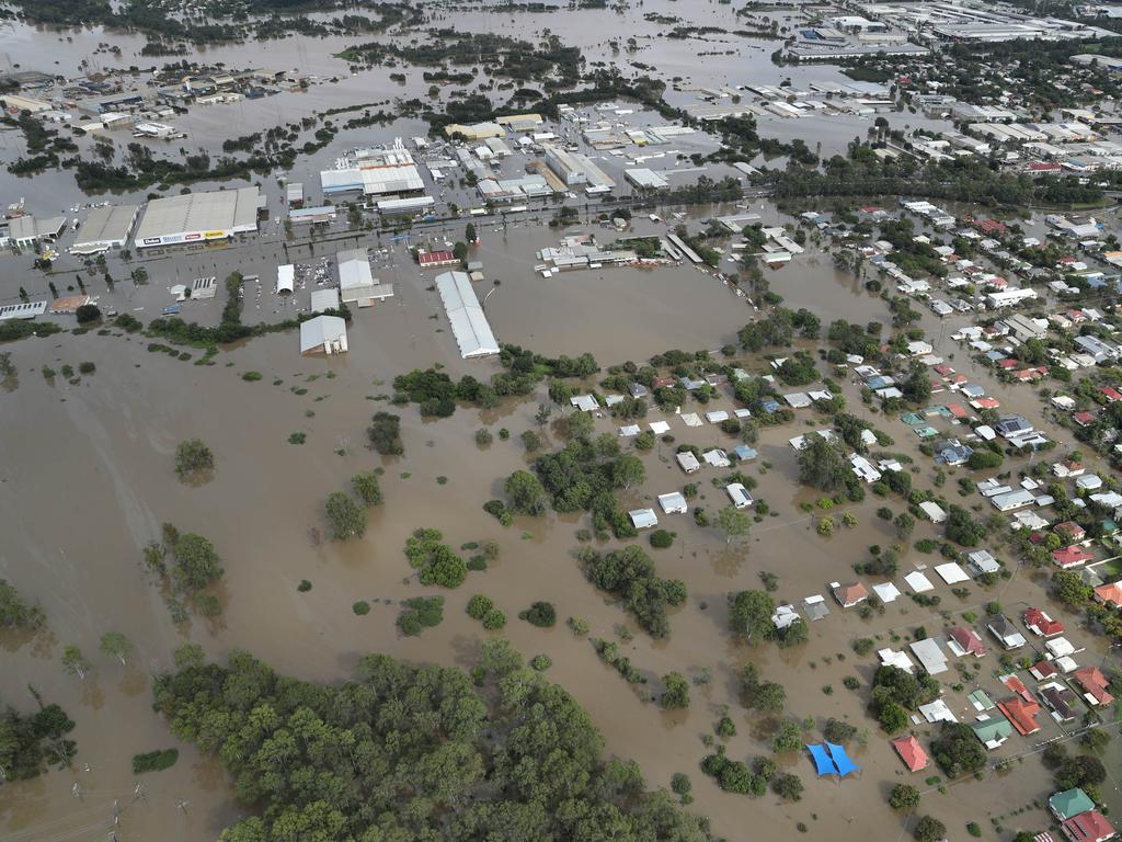 An aerial shot showing flooding in Brisbane, taken on February 28. Picture: Liam Kidston