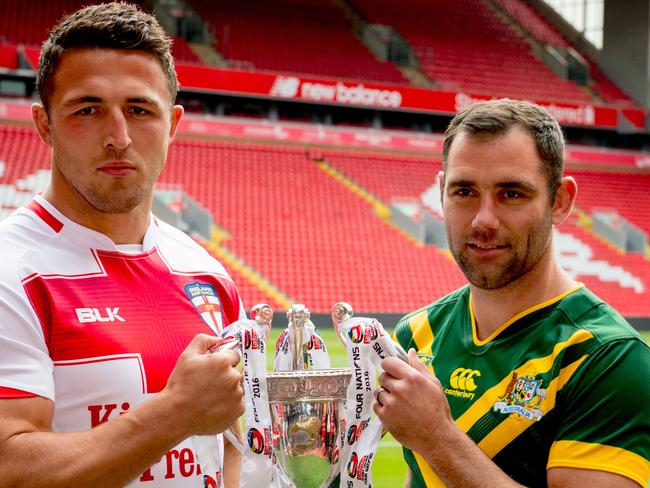 Image ©Licensed to i-Images Picture Agency. 24/10/2016. Liverpool, United Kingdom. Four Nations launch. L to R Australia's Cameron Smith and England's Captain England captain Sam Burgess, join players from the Four Nations Rugby League teams during a press conference at Liverpool FC, Anfield, Liverpool, before the tournament starts on Friday 28th October. Picture by Andrew Parsons / i-Images