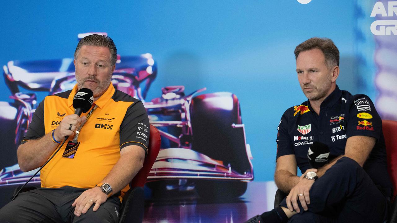 McLaren Chief Executive Officer Zak Brown (L) and Red Bull Racing's British team principal Christian Horner (R) speak during a press conference ahead of the third practice and qualifying sessions for the Formula One United States Grand Prix, at the Circuit of the Americas in Austin, Texas, on October 22, 2022. (Photo by Jim WATSON / AFP)