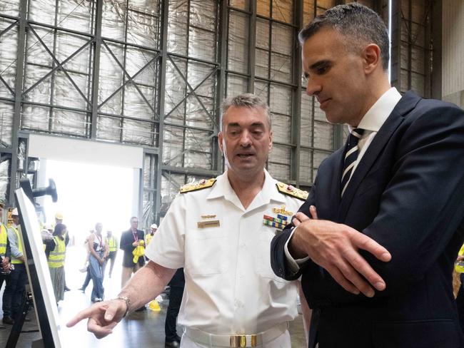 ADELAIDE/ KAURNA YARTA, AUSTRALIA - NewsWire Photos NOVEMBER 10, 2023: Vice Admiral Jonathan Dallas Mead and Premier of South Australia Peter Malinauskas at Osborne shipyard for a press conference about a land agreement to build AustraliaÃ¢â¬â¢s nuclear powered submarines. Picture: NCA NewsWire / Morgan Sette