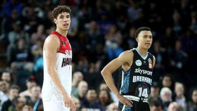 Lamelo Ball (L) and RJ Hampton (r) during the match. Picture: Phil Walter/Getty