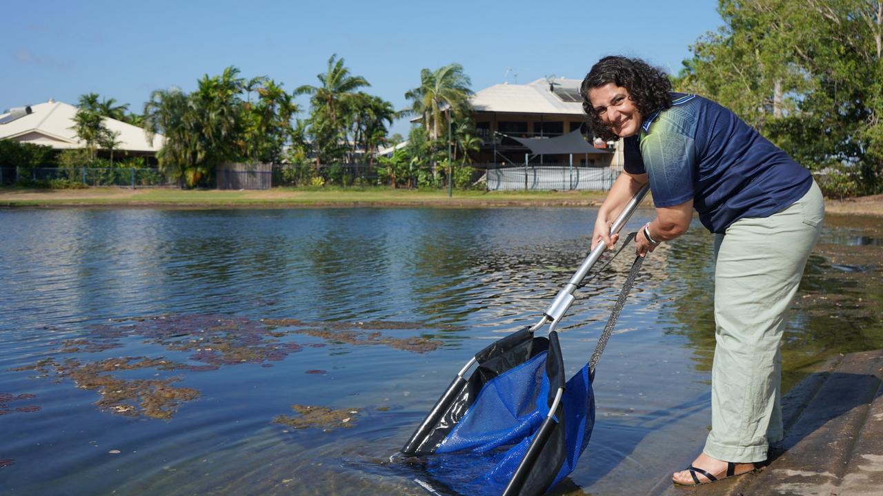 Palmerston mayor Athina Pascoe-Bell casting a net at Durack Lakes for the Hooked on Palmerston barramundi catch and release competition. Picture: Supplied