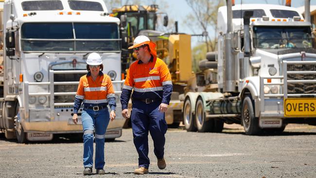 Adani’s Jacine Reading and Brenton Watts at the Labona Camp. Picture: Cameron Laird