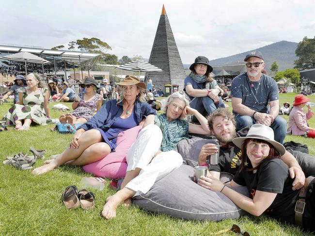 Enjoying the music and sun at Mona Foma are, front from left, Ammie Venables, Jane Wilson, Steph Schradka and Evan Hunter. Picture: PATRICK GEE