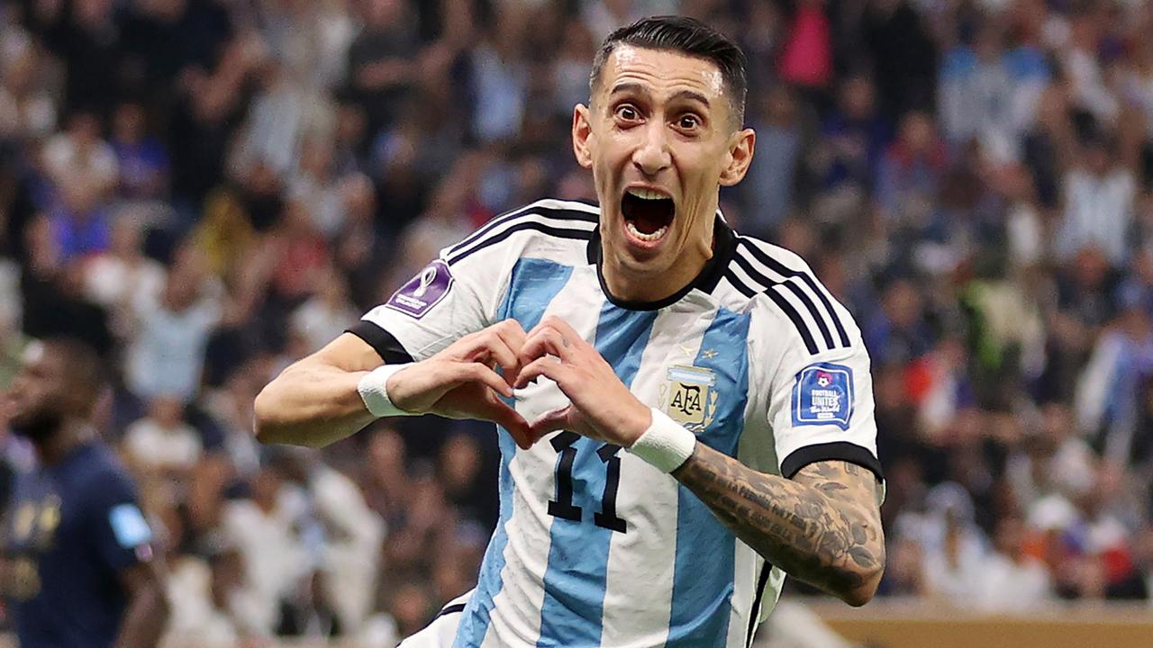 Angel Di Maria celebrates after scoring Argentina’s second goal. (Photo by Catherine Ivill/Getty Images)