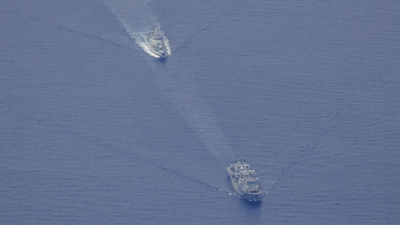 The People’s Liberation Army-Navy Renhai-class cruiser Zunyi and Fuchi-class replenishment vessel Weishanhu. Picture: Australian Defence Force