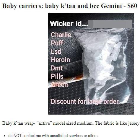 A range of drugs for sale under an ad for a portable baby sleeper. Picture: Craigslist