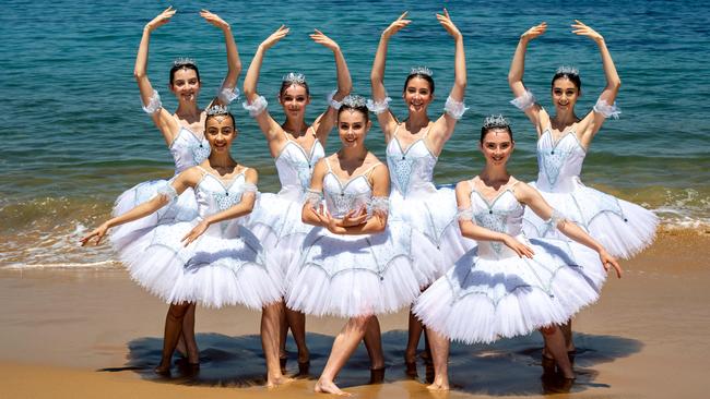 From back row: Grace Frazer Sneddon, Emily Enright, Lauren Peach, Milla Loock, Georgia Cosgrove, Alexandra Sartor and Ariah Mandenoplay Snowflakes in The Nutcracker. Picture: Monique Harmer