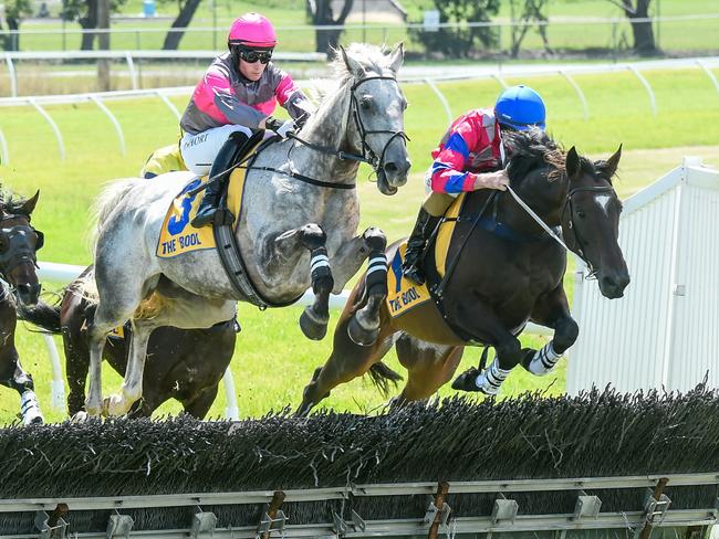 Gobstopper (right) makes ground along the rails as he reels in Danzadoozie at Warrnambool.