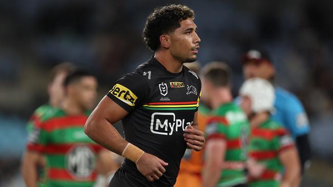 The Panthers could be without Izack Tago next week after the centre was charged for a hip-drop tackle on Jye Gray. Picture: Cameron Spencer/Getty Images