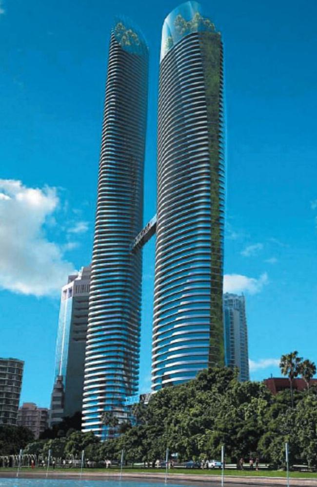 Artist impression of 2007-era proposal by Portberg Property for $850 million, 101-storey twin towers project on the Bruce Bishop Carpark site in Surfers Paradise on the Gold Coast