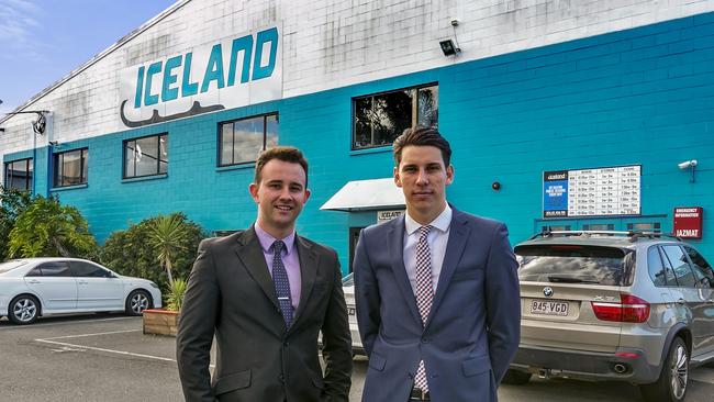 Jared Johnson and Lachlan Marshall, of Ray White Industrial/Commercial Gold Coast, pictured in front of Gold Coast Iceland which they successfully marketed.