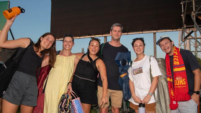 Alice, Alice, Lil, Conor, Miranda and Tim at the 2024 AFL match between Gold Coast Suns and North Melbourne at TIO Stadium. Picture: Pema Tamang Pakhrin