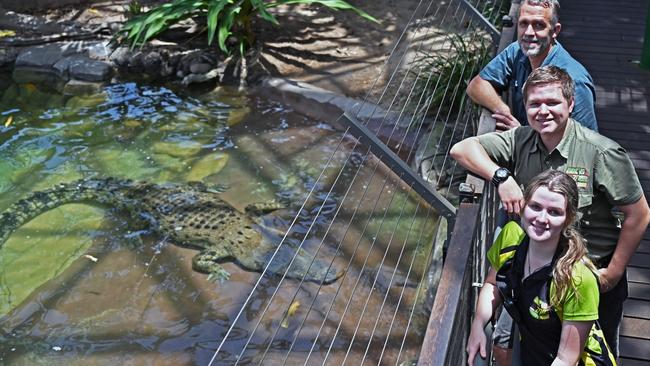 The Cairns Wildlife dome: Jessie Dodds, Pablo Ochoa De Alda and Steve Armstrong with a very relaxed Goliath, Picture Emily Barker.