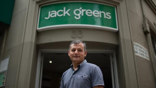 Sunil Sharma from cafe Jack Greens on Waymouth Street is a small-business owner who has seen a decline in business because of people continuing to work from home. Picture: Naomi Jellicoe.