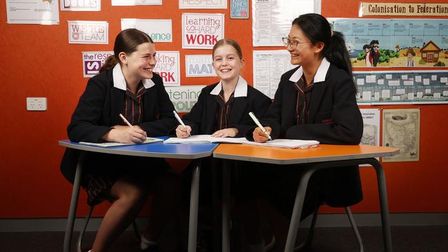 Grade 5 students Zoe Cubit, Bonnie Challis, Zoey Shi. The Fahan School has achieved the highest primary and secondary results in NAPLAN for the state. Picture: Nikki Davis-Jones