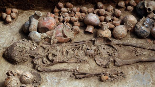 View of one of two skeletons found in a burial chamber of the Moche culture. Picture: AFP