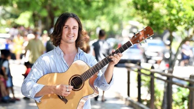 Max Anderson says the fine he received from the Noosa Council made financially unviable to busk on Hastings St. Picture: Patrick Woods.