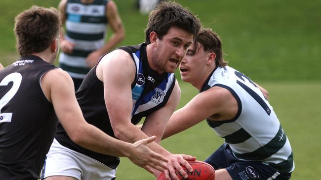 Liam Riley took a match-winning mark in defence against Old Geelong. Photo: Hamish Blair