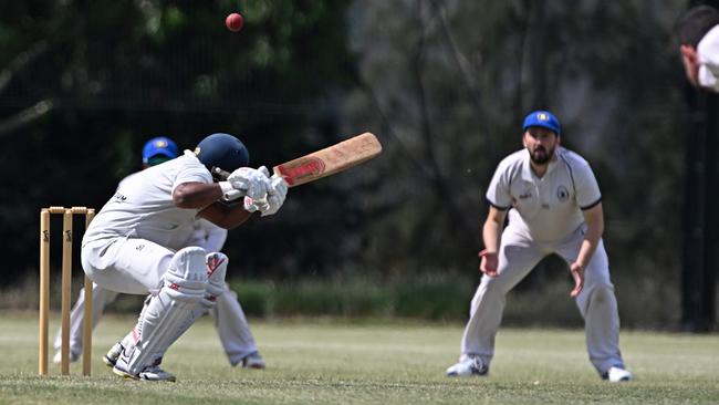 Sydenham HillsideÃs GK Weerasekara during the VTCA Altona North v Sydenham Hillside cricket match in Altona North, Saturday, Jan. 21, 2023.Picture: Andy Brownbill