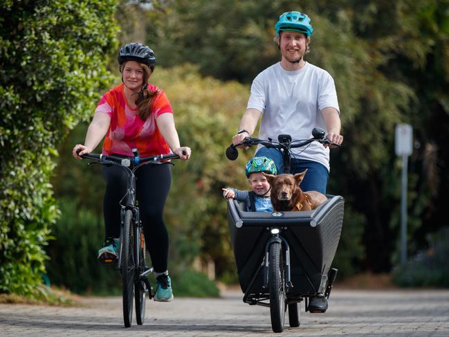 Cyclists Martijn van der Merwe with partner Jacquie, their son Ferdi and dog Murray from Brompton. Picture: Matt Turner