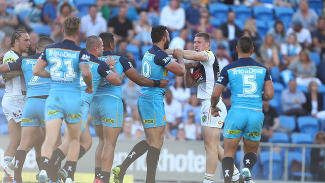 GOLD COAST, AUSTRALIA — AUGUST 11: Jack Hetherington of the Panthers reacts after a penalty during the round 22 NRL match between the Gold Coast Titans and the Penrith Panthers at Cbus Super Stadium on August 11, 2018 in Gold Coast, Australia. (Photo by Chris Hyde/Getty Images)