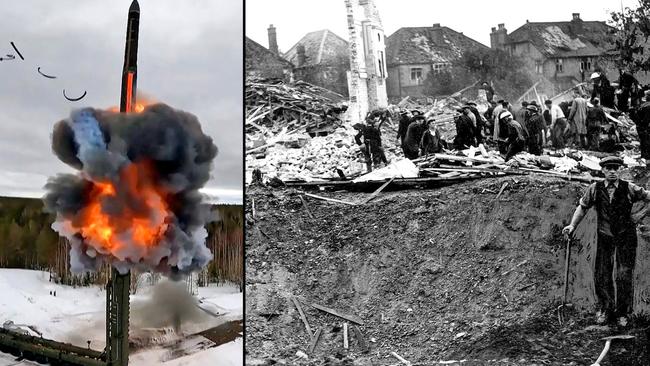 The first V-2 rocket struck Chiswick, London, in September 1944, with 13 casualties. Left, Russia test-fires an ICBM. Picture composite: The Times