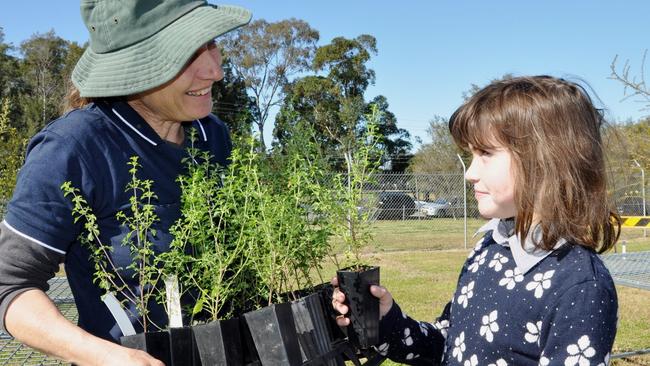 Community Nursery officer Jutta Hamilton helps a young guest choose a plant.