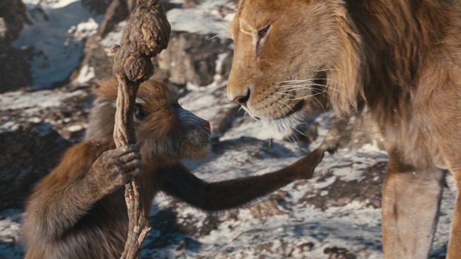 (L-R): Young Rafiki (voiced by Kagiso Lediga) and Mufasa (voiced by Aaron Pierre) in Disney’s MUFASA: THE LION KING. Photo courtesy of Disney. © 2024 Disney Enterprises Inc. All Rights Reserved.