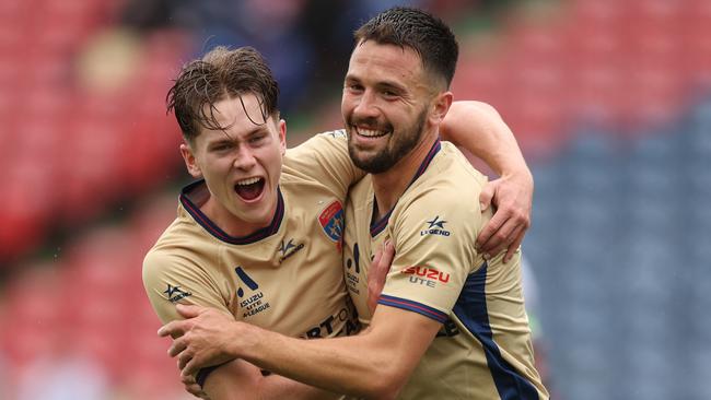 Apostolos Stamatelopoulos and Lachlan Bayliss celebrate a goal against the Wanderers. Photo by Scott Gardiner/Getty Images