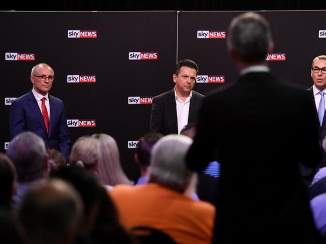 SA Liberal leader Steven Marshall (right), SA-BEST leader Nick Xenophon and SA Labor Premier Jay Weatherill (left) during the final debate, the Sky News people's forum, in 2018