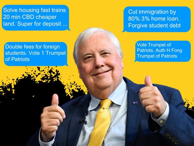 Trumpet of Patriots leader Clive Palmer and his party's texts.