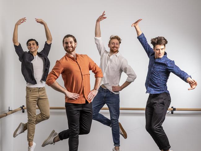 Qweekend - Queensland Ballet dancers. For story on male ballet dancers. Mali Comlekci, Alex idaszak, Ari Thompson, Vito Bernasconi. Pic Mark Cranitch.