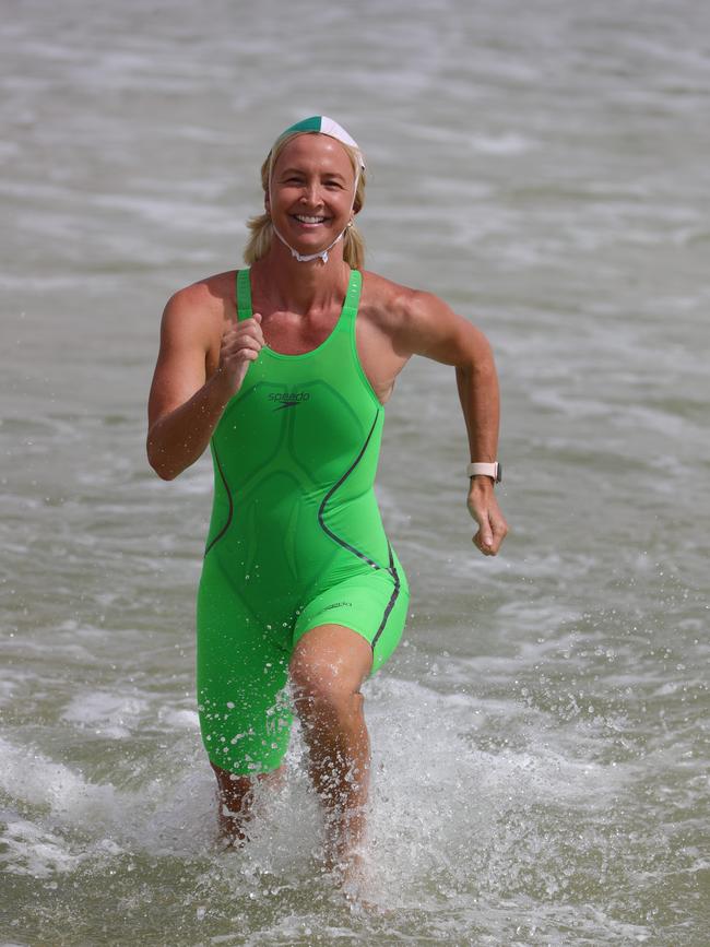 Former Olympic swimmer Brooke Hanson, in training at Currumbin, is making a comeback in the surf. Picture Glenn Hampson