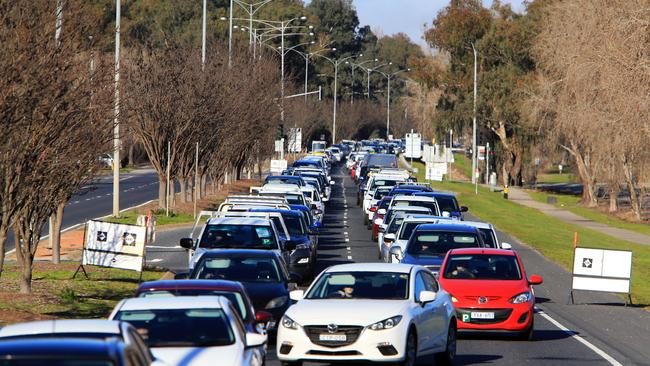 Vehicles stuck in a 2.5 hour traffic jam after NSW closed the border to those on the Victorian side. Picture: The Australian