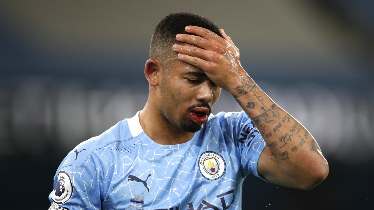 MANCHESTER, ENGLAND - DECEMBER 15: Gabriel Jesus of Manchester City reacts during the Premier League match between Manchester City and West Bromwich Albion at Etihad Stadium on December 15, 2020 in Manchester, England. The match will be played without fans, behind closed doors as a Covid-19 precaution. (Photo by Clive Brunskill/Getty Images)